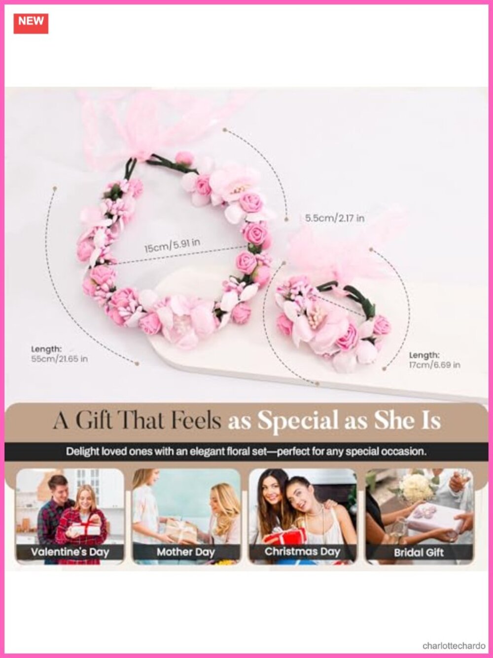 Floral Crown Headband & Wristbands Set Adjustable Ribbon Hair Accessories - Picture 3 of 5
